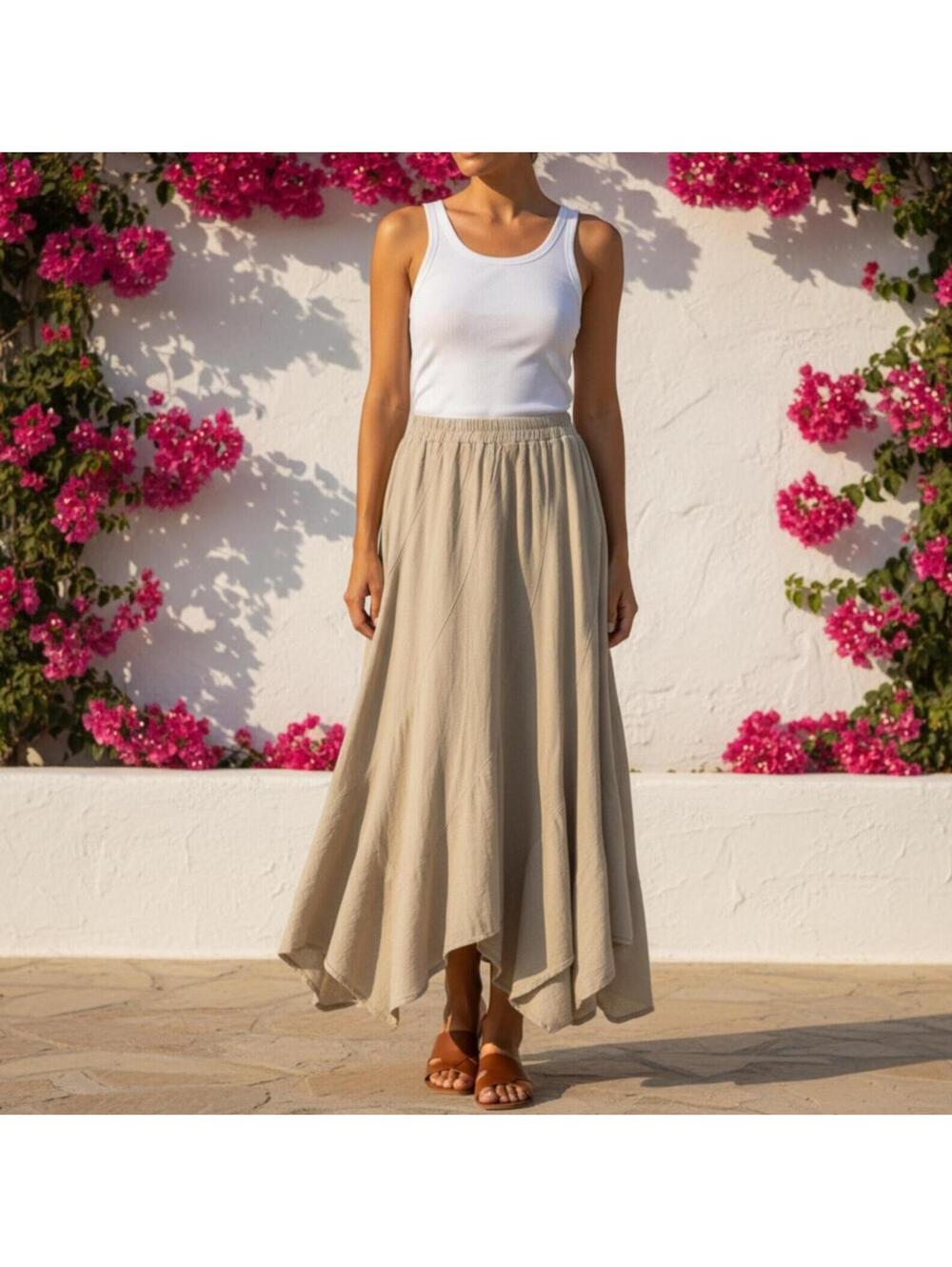 NWT Boho Coastal Asymmetrical Maxi A-Line Skirt Small Tan Beige Cottagecore